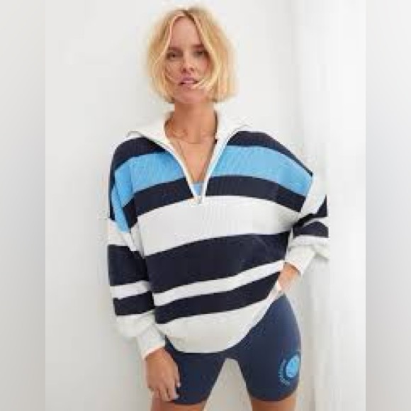Aerie Beyond Quarter Zip Striped Sweater Small - Picture 1 of 10